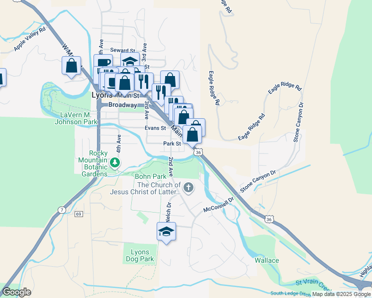 map of restaurants, bars, coffee shops, grocery stores, and more near 103 Park Street in Lyons