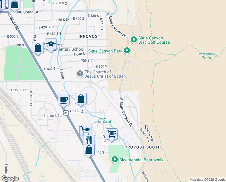 map of restaurants, bars, coffee shops, grocery stores, and more near 1485 East 1000 South in Provo