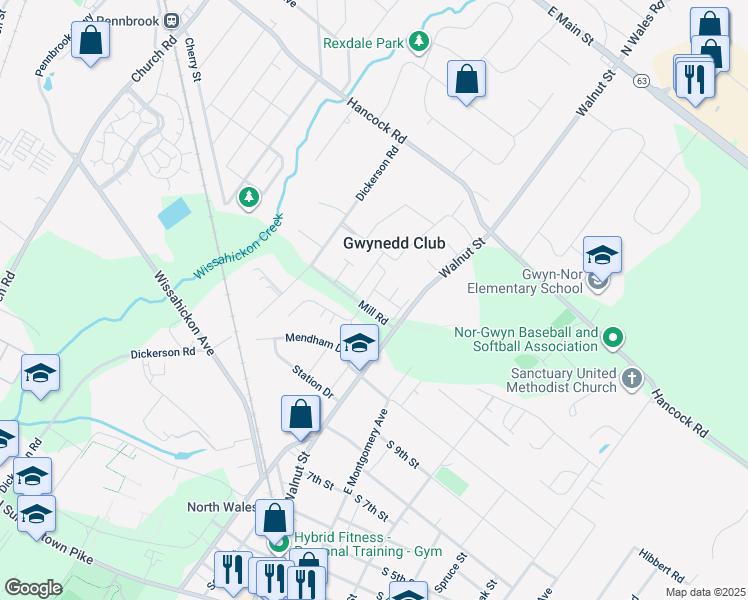 map of restaurants, bars, coffee shops, grocery stores, and more near 208 Arbour Court in North Wales