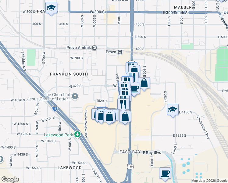 map of restaurants, bars, coffee shops, grocery stores, and more near 939 South Freedom Boulevard in Provo