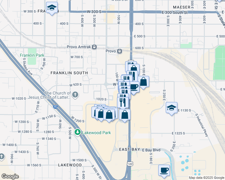 map of restaurants, bars, coffee shops, grocery stores, and more near 939 South Freedom Boulevard in Provo