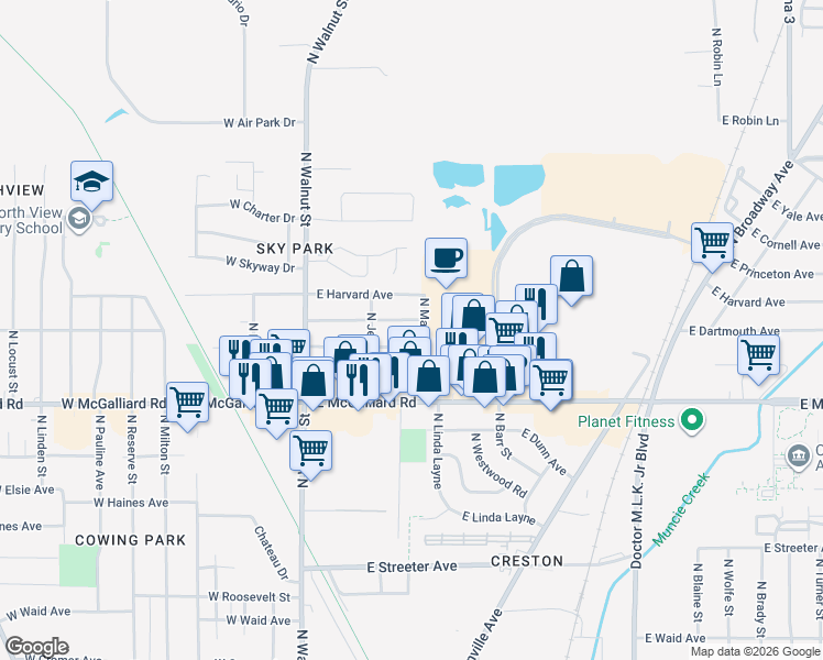 map of restaurants, bars, coffee shops, grocery stores, and more near 314 East Berkley Avenue in Muncie