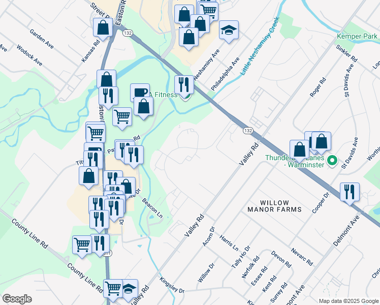 map of restaurants, bars, coffee shops, grocery stores, and more near 233 Sassafras Court in Warrington