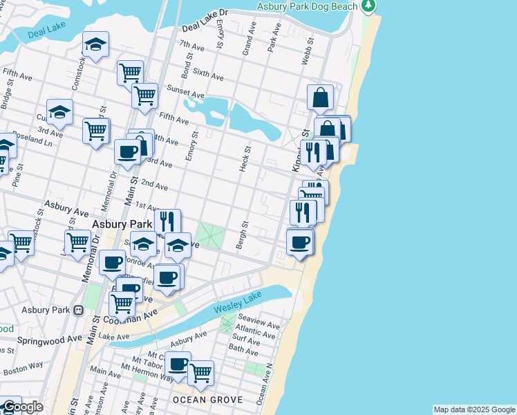 map of restaurants, bars, coffee shops, grocery stores, and more near 219 2nd Avenue in Asbury Park