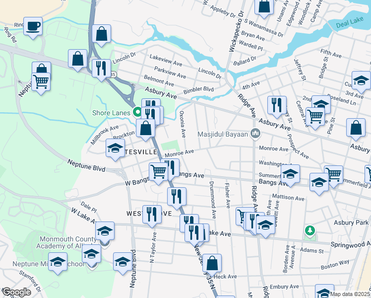 map of restaurants, bars, coffee shops, grocery stores, and more near 2 Oxonia Avenue in Neptune City