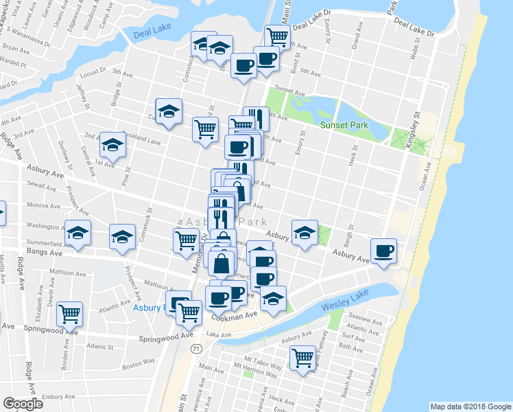 map of restaurants, bars, coffee shops, grocery stores, and more near 1st Avenue in Asbury Park