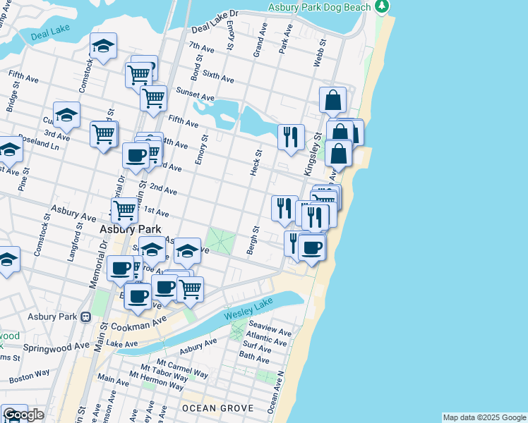 map of restaurants, bars, coffee shops, grocery stores, and more near 219 2nd Avenue in Asbury Park