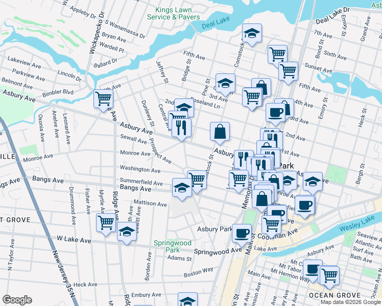 map of restaurants, bars, coffee shops, grocery stores, and more near 607 Pine Street in Asbury Park