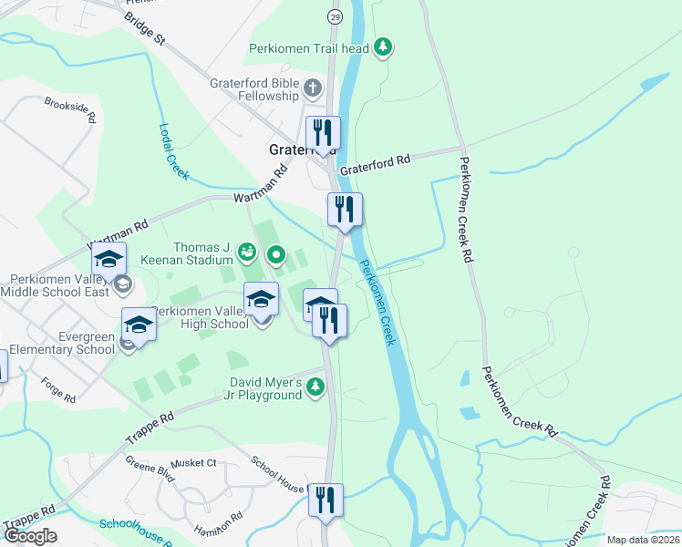 map of restaurants, bars, coffee shops, grocery stores, and more near 516 Gravel Pike in Collegeville