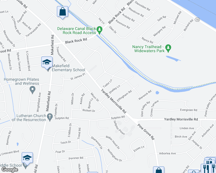 map of restaurants, bars, coffee shops, grocery stores, and more near 2 Tudor Lane in Yardley