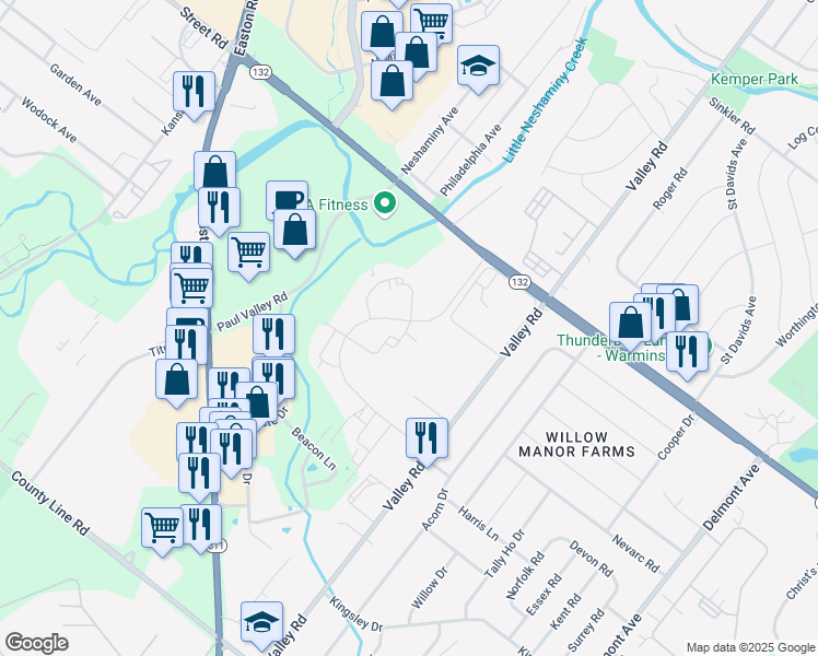 map of restaurants, bars, coffee shops, grocery stores, and more near 293 Sassafras Court in Warrington