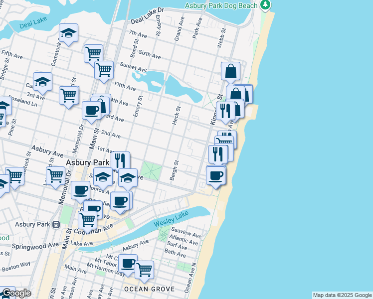 map of restaurants, bars, coffee shops, grocery stores, and more near 219 2nd Avenue in Asbury Park