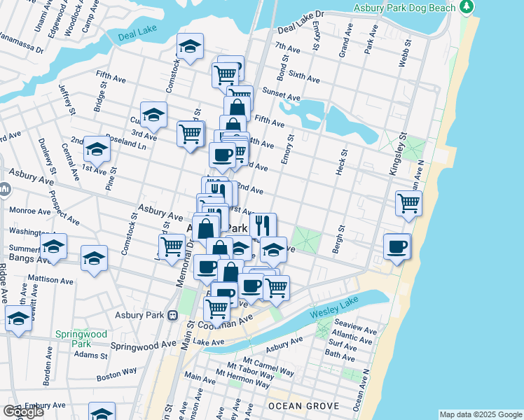 map of restaurants, bars, coffee shops, grocery stores, and more near 517 1st Avenue in Asbury Park