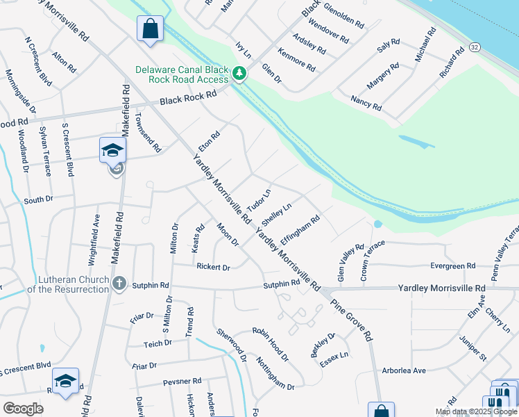 map of restaurants, bars, coffee shops, grocery stores, and more near 2 Tudor Lane in Yardley