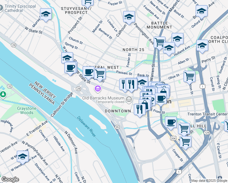 map of restaurants, bars, coffee shops, grocery stores, and more near 135 West State Street in Trenton