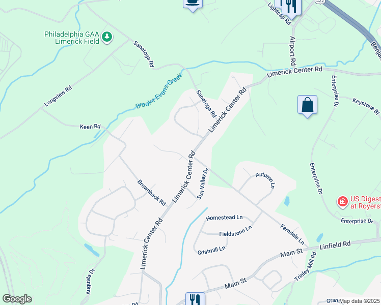 map of restaurants, bars, coffee shops, grocery stores, and more near 430 Limerick Center Road in Royersford
