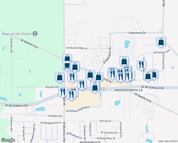 map of restaurants, bars, coffee shops, grocery stores, and more near 4504 West Bethel Avenue in Muncie