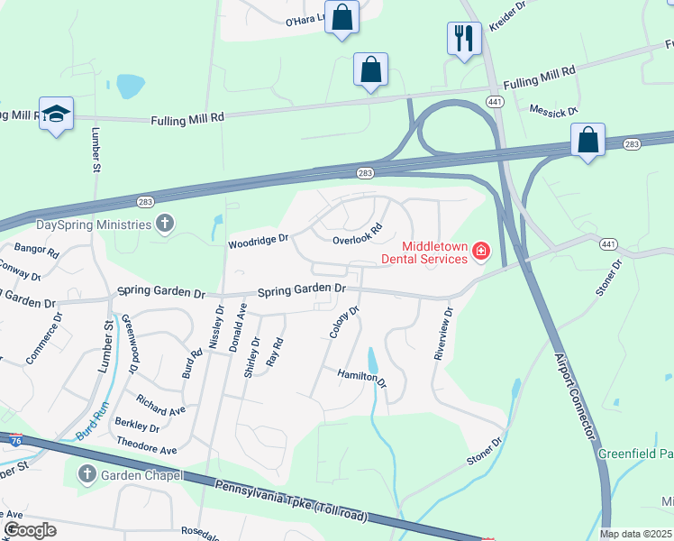 map of restaurants, bars, coffee shops, grocery stores, and more near 1291 Woodridge Drive in Middletown