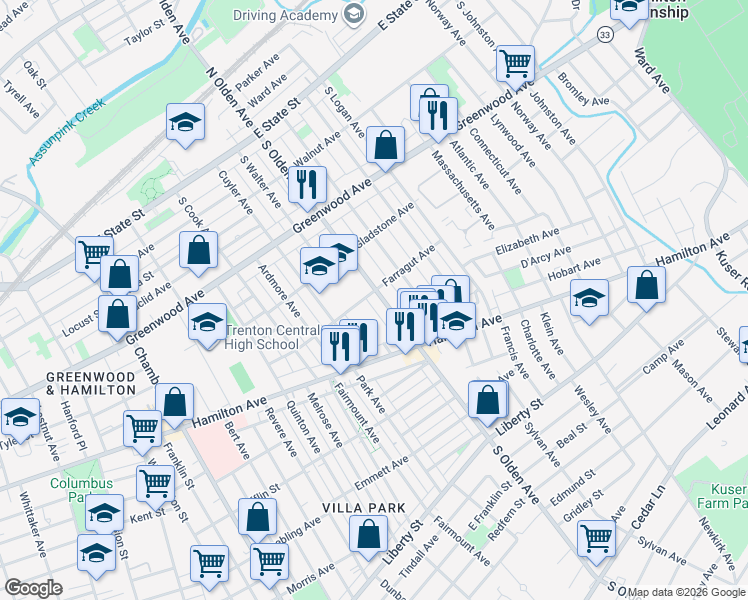 map of restaurants, bars, coffee shops, grocery stores, and more near 417 South Olden Avenue in Trenton