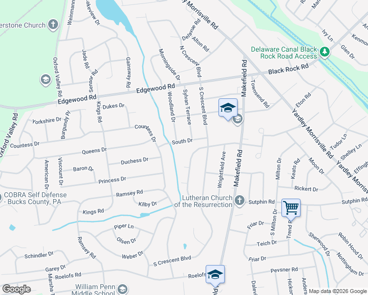map of restaurants, bars, coffee shops, grocery stores, and more near 7 South Drive in Yardley