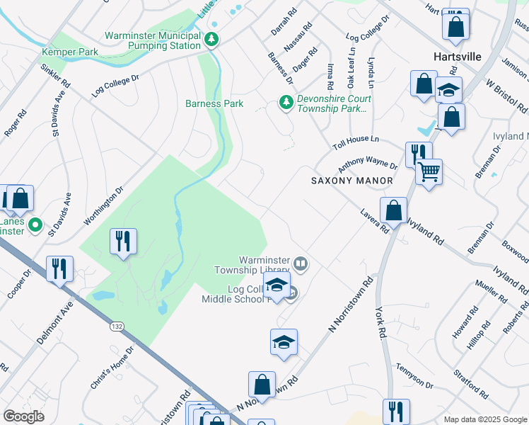 map of restaurants, bars, coffee shops, grocery stores, and more near 890 Lavera Road in Warminster