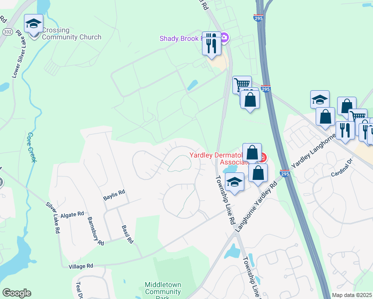 map of restaurants, bars, coffee shops, grocery stores, and more near 210 Shady Brook Drive in Langhorne