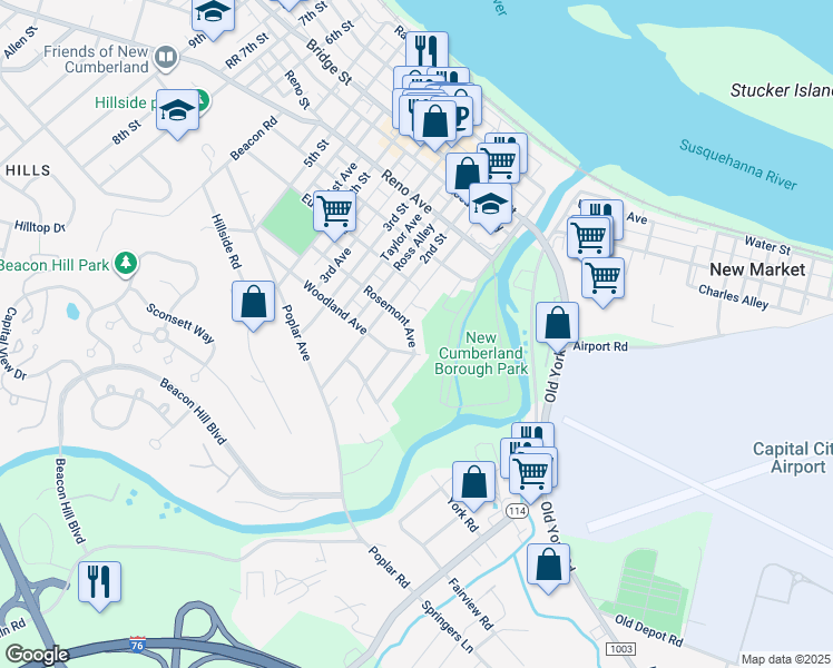 map of restaurants, bars, coffee shops, grocery stores, and more near 107 Rosemont Avenue in New Cumberland
