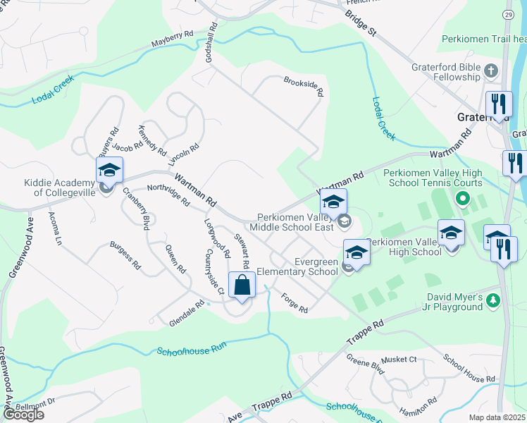 map of restaurants, bars, coffee shops, grocery stores, and more near 130 Wartman Road in Collegeville