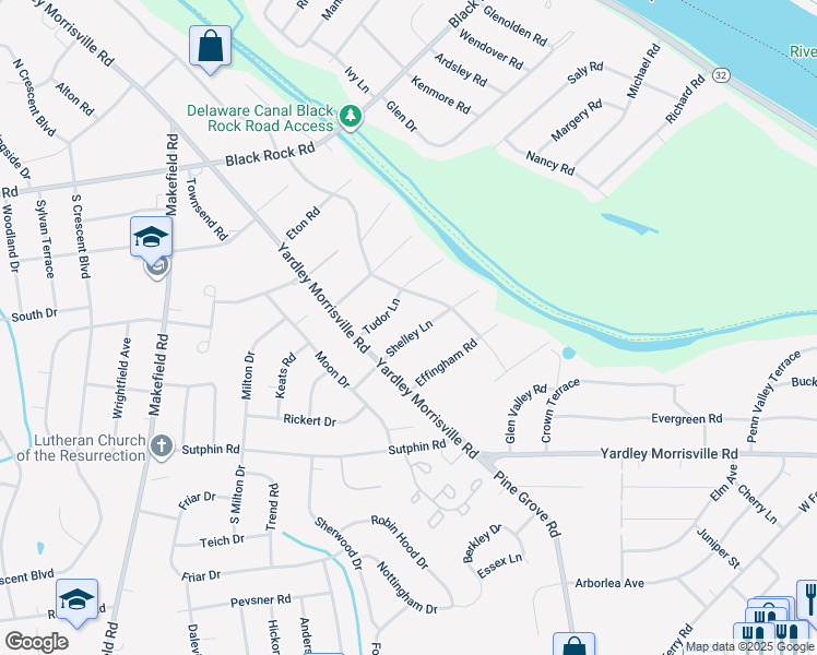 map of restaurants, bars, coffee shops, grocery stores, and more near 5 Shelley Lane in Yardley