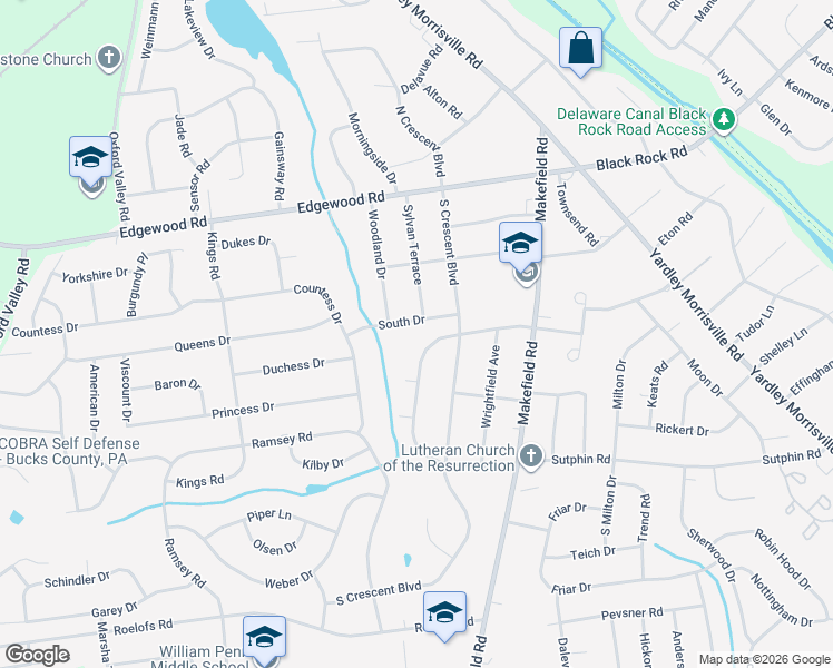map of restaurants, bars, coffee shops, grocery stores, and more near 7 South Drive in Yardley