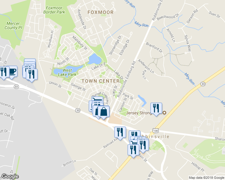 map of restaurants, bars, coffee shops, grocery stores, and more near 115 Yard Street in Robbinsville Township