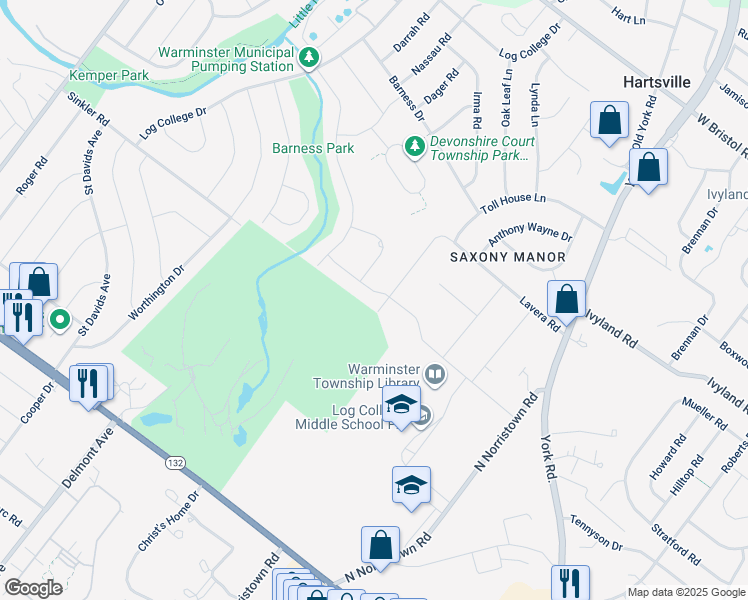 map of restaurants, bars, coffee shops, grocery stores, and more near 890 Lavera Road in Warminster