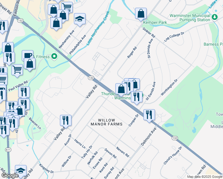 map of restaurants, bars, coffee shops, grocery stores, and more near 1575 West Street Road in Warminster