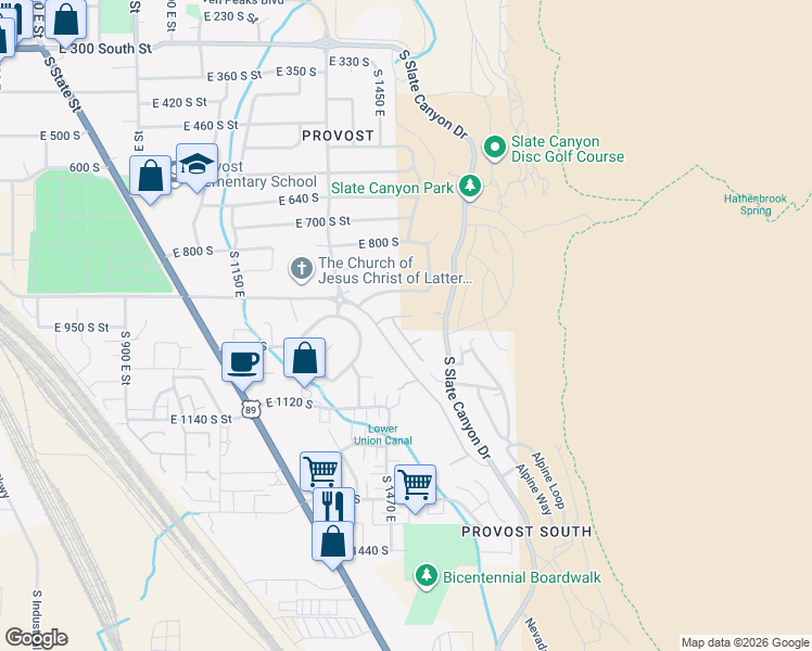 map of restaurants, bars, coffee shops, grocery stores, and more near 1485 East 1000 South in Provo