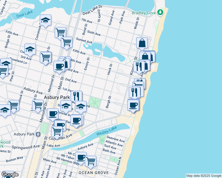 map of restaurants, bars, coffee shops, grocery stores, and more near 219 2nd Avenue in Asbury Park