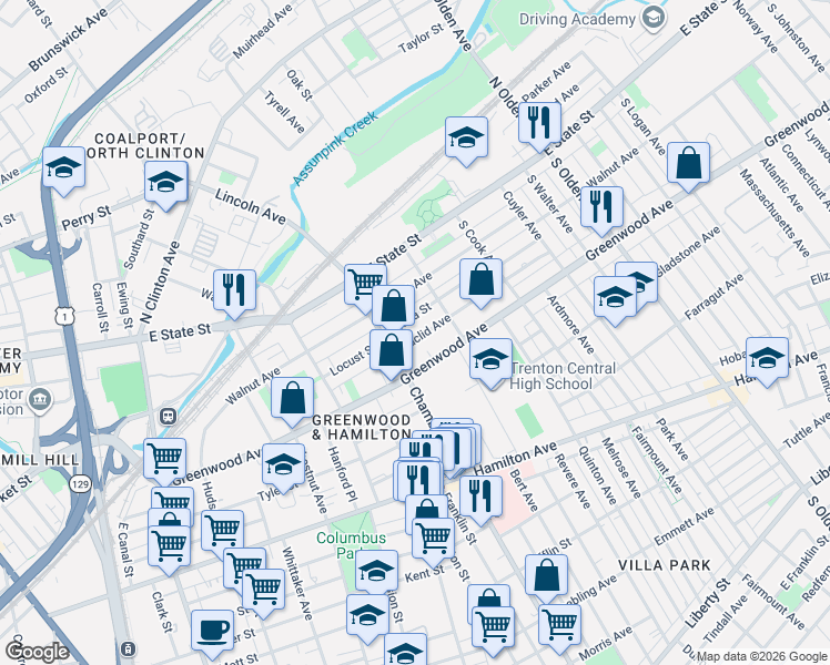 map of restaurants, bars, coffee shops, grocery stores, and more near 218 Euclid Avenue in Trenton