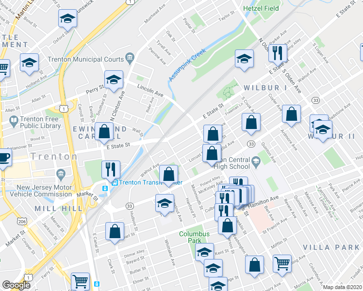 map of restaurants, bars, coffee shops, grocery stores, and more near 131 Walnut Avenue in Trenton