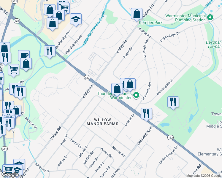 map of restaurants, bars, coffee shops, grocery stores, and more near 1520 Street Road in Warminster