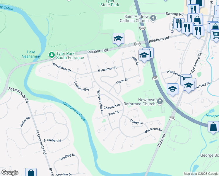 map of restaurants, bars, coffee shops, grocery stores, and more near 10 Union Street in Newtown