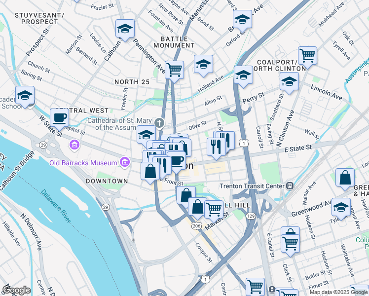 map of restaurants, bars, coffee shops, grocery stores, and more near 116 East Hanover Street in Trenton