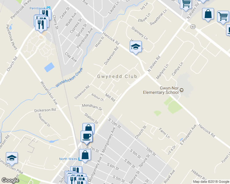 map of restaurants, bars, coffee shops, grocery stores, and more near 258 Arbour Court in North Wales