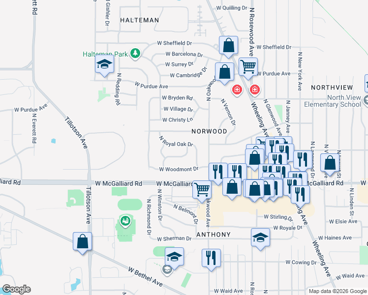 map of restaurants, bars, coffee shops, grocery stores, and more near 2200 West Audubon Drive in Muncie