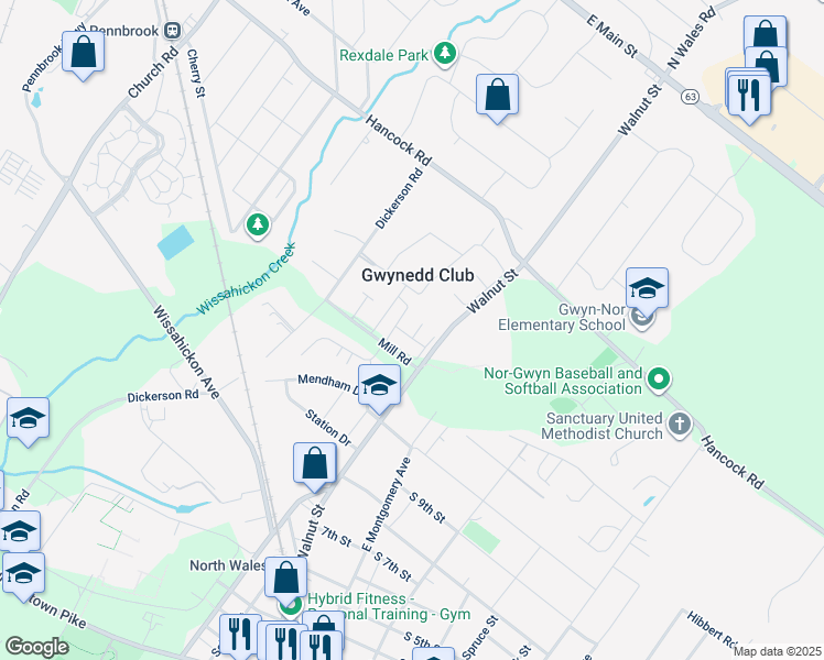 map of restaurants, bars, coffee shops, grocery stores, and more near 258 Arbour Court in North Wales