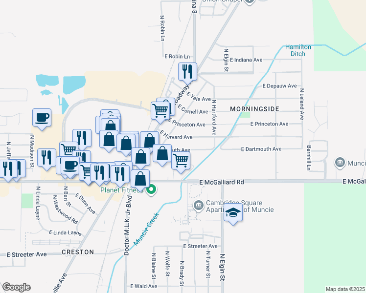 map of restaurants, bars, coffee shops, grocery stores, and more near 1527 East Dartmouth Avenue in Muncie