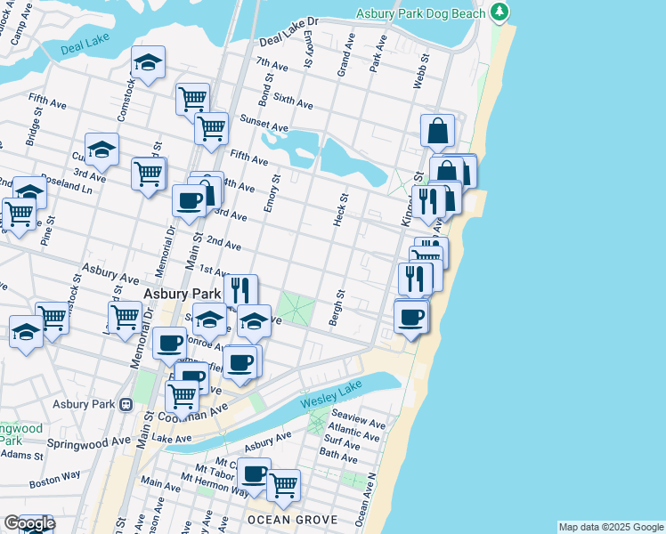 map of restaurants, bars, coffee shops, grocery stores, and more near 219 2nd Avenue in Asbury Park