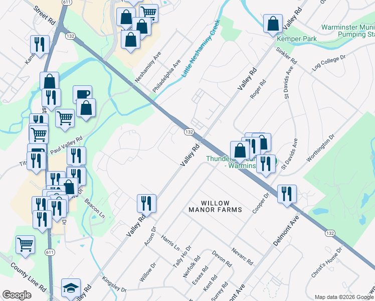 map of restaurants, bars, coffee shops, grocery stores, and more near 1700 Street Road in Warrington