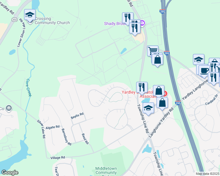 map of restaurants, bars, coffee shops, grocery stores, and more near 235 Shady Brook Drive in Langhorne