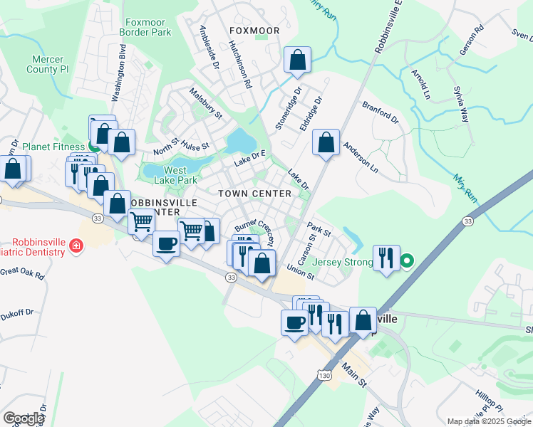 map of restaurants, bars, coffee shops, grocery stores, and more near 77 Heritage Street in Robbinsville