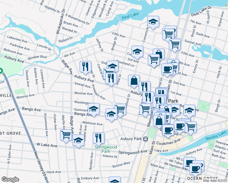 map of restaurants, bars, coffee shops, grocery stores, and more near 615 Pine Street in Asbury Park