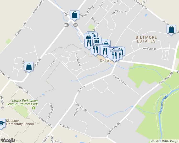 map of restaurants, bars, coffee shops, grocery stores, and more near 1198 Mensch Road in Skippack